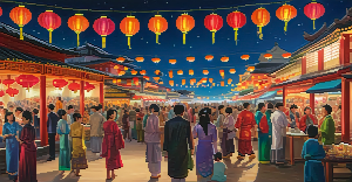 A lively Lantern Festival with colorful lanterns, people in traditional attire, and food stalls, creating a festive atmosphere.