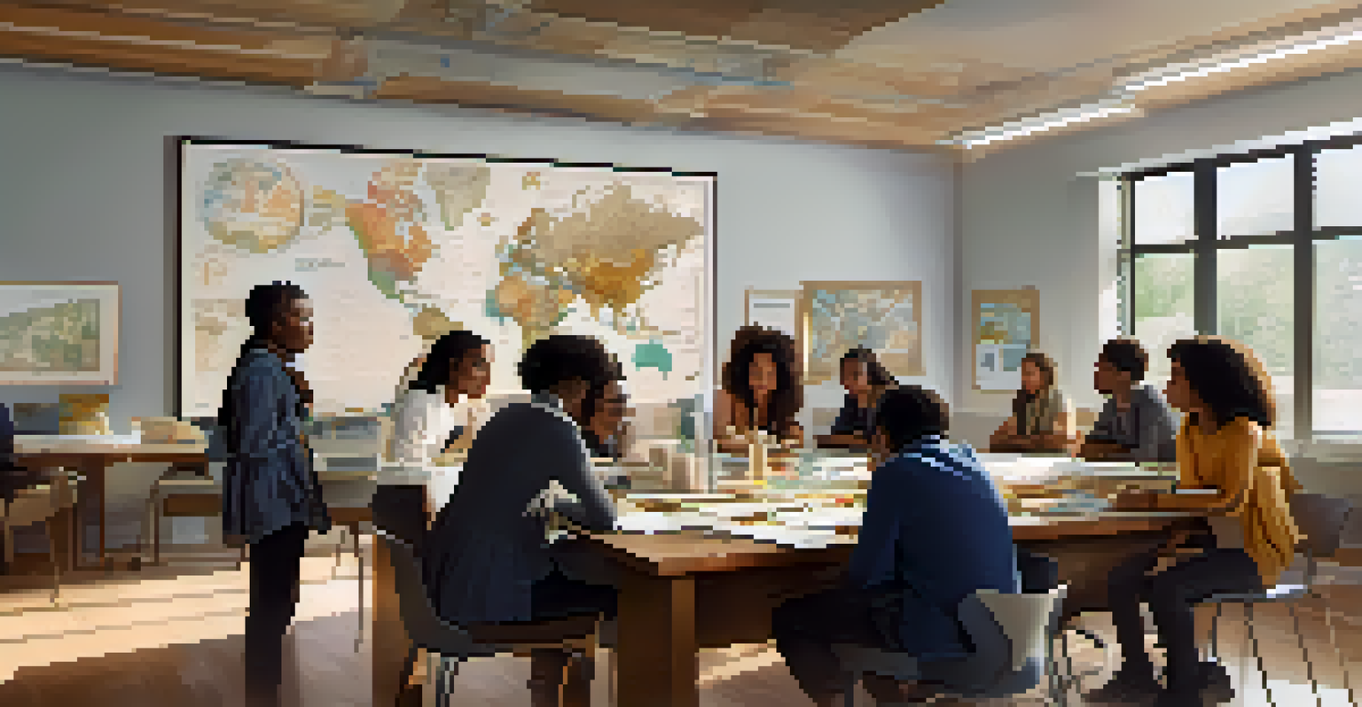Diverse young leaders collaborating in a bright classroom, surrounded by maps and cultural artifacts, engaged in a workshop.