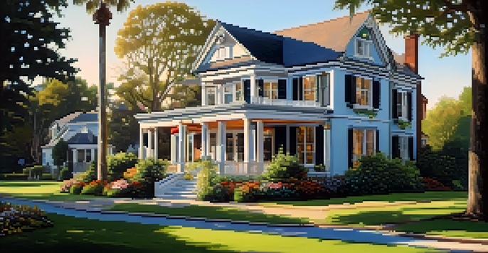 A historic home in Riverside, Jacksonville, featuring intricate architecture, surrounded by greenery and flowers in bright morning light.