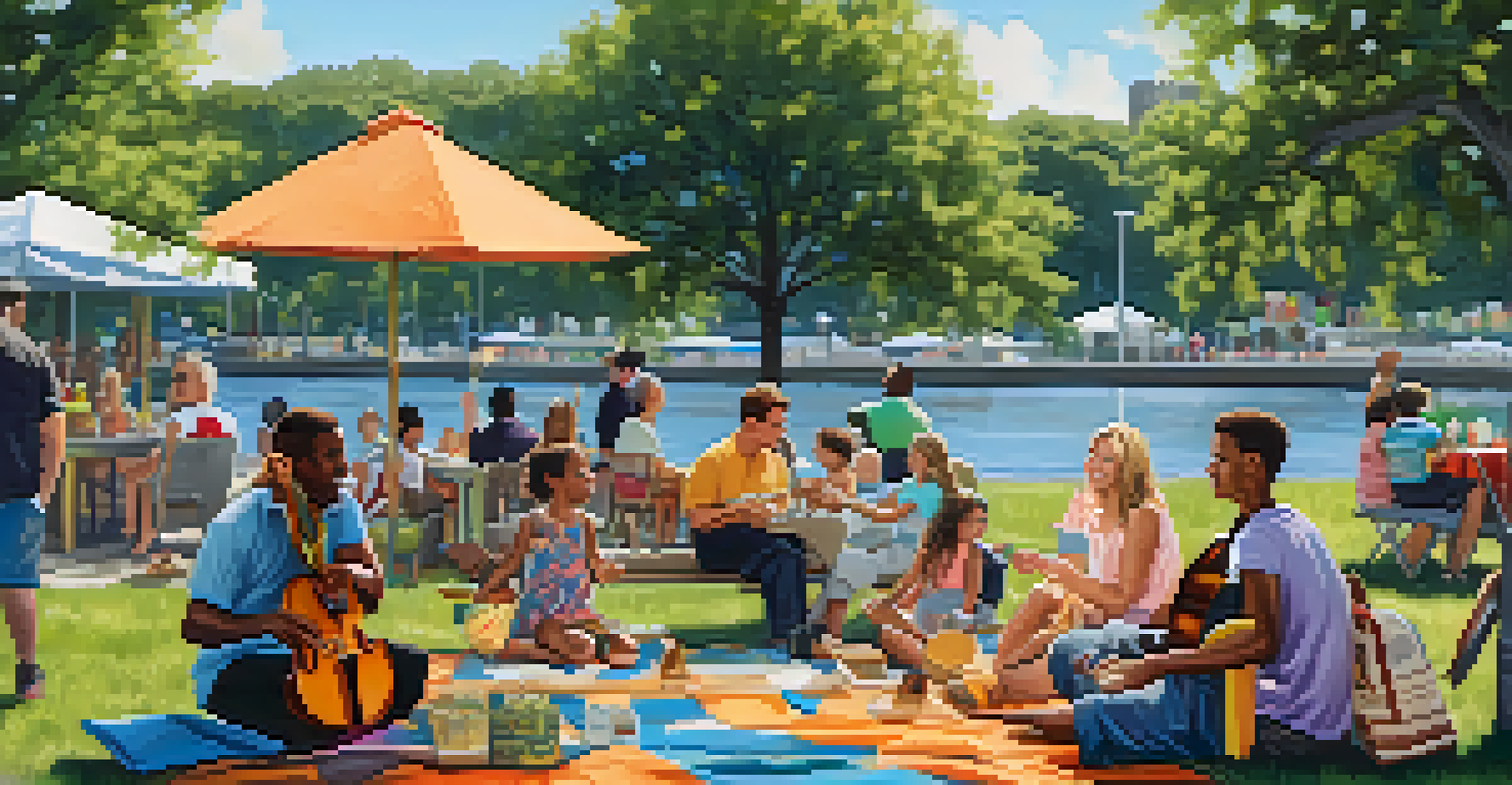 A family having a picnic at the Jacksonville Jazz Festival, with children playing instruments and colorful art installations nearby.