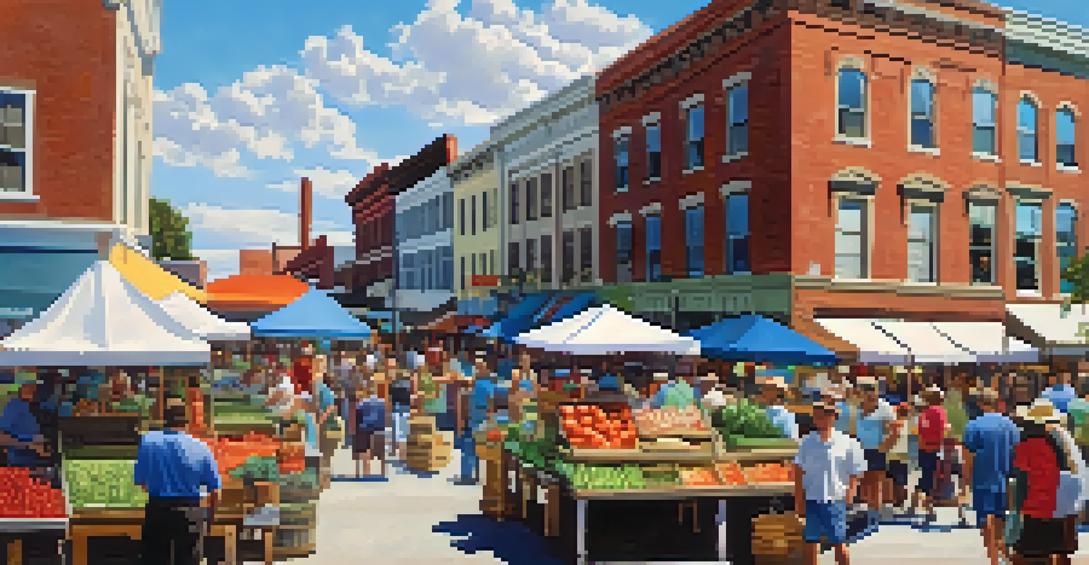 A lively farmers' market with colorful produce and seafood, showcasing vendors and shoppers in a historic Southern setting.