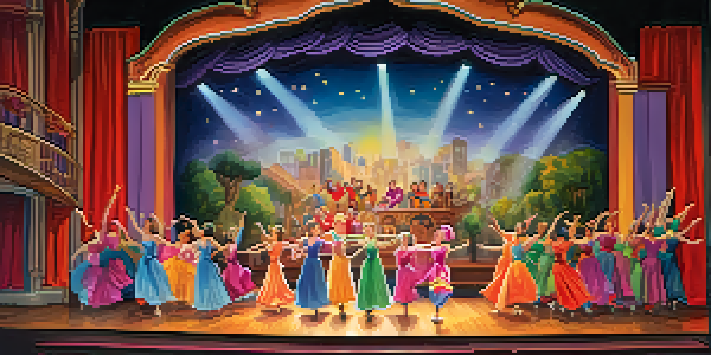 A rehearsal scene on a theater stage with actors in colorful costumes practicing a musical, bright lights illuminating the stage.
