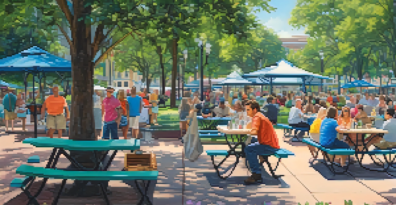 People picnicking in Hemming Park, surrounded by gardens and enjoying live music, with picnic tables and food visible.