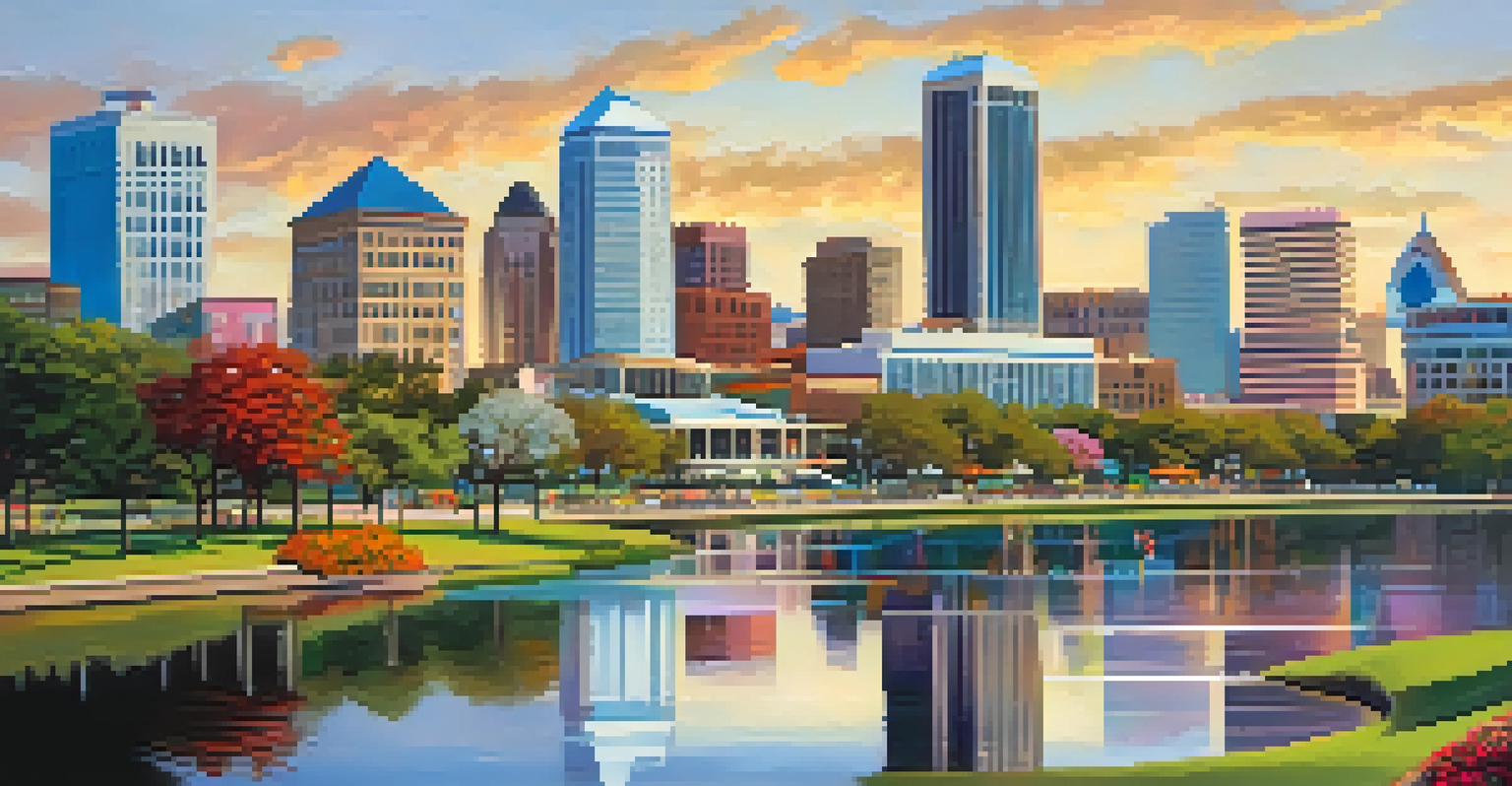 A modern view of Jacksonville's waterfront with parks and families enjoying the outdoors, featuring a mix of historic and contemporary architecture.