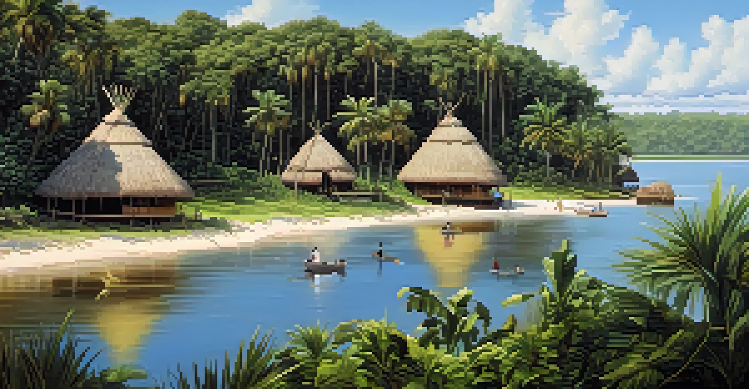 A depiction of a Timucua village with huts and Native American figures by the St. Johns River.