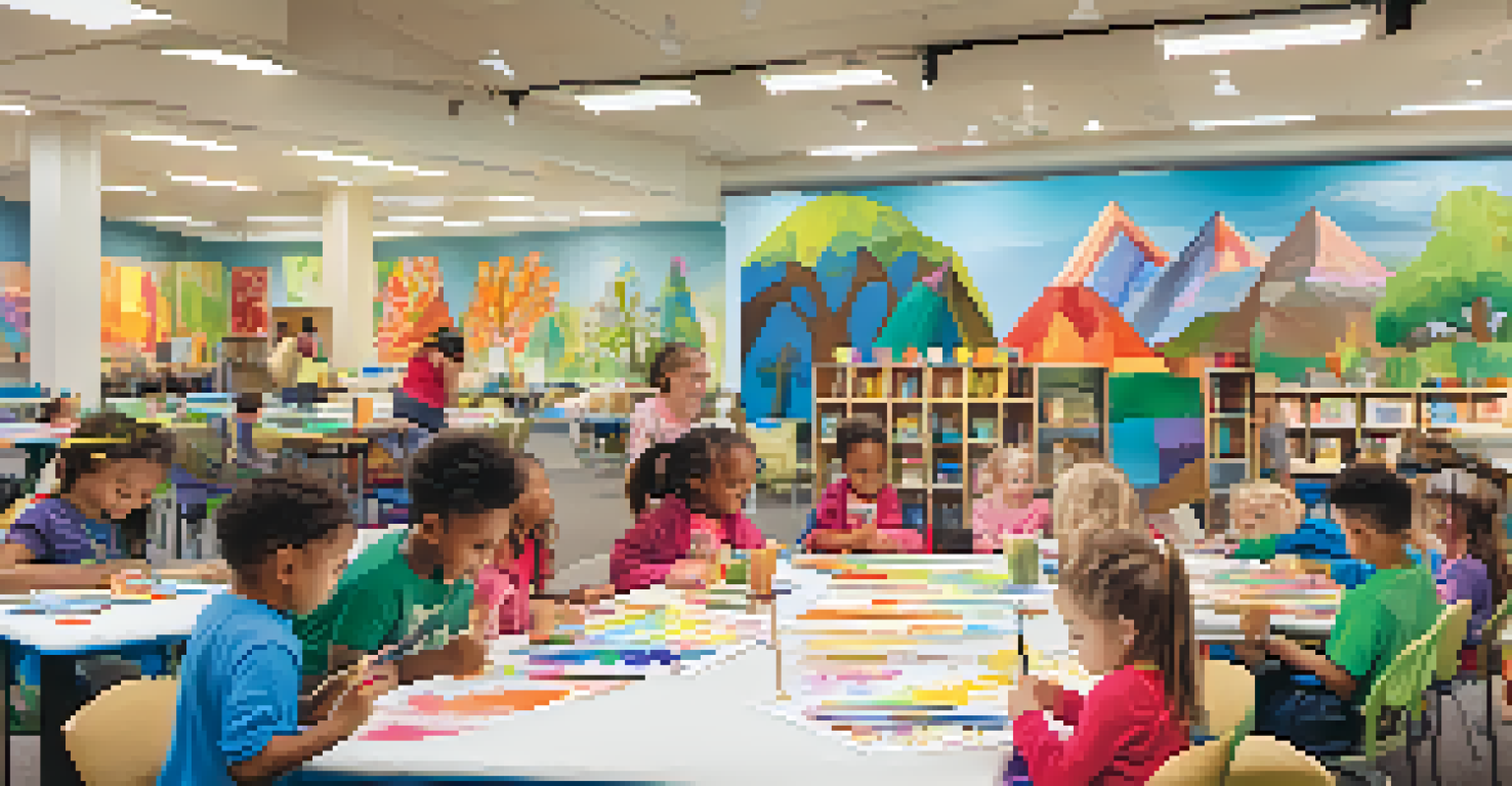 Children participating in an arts and crafts program at a library, working on colorful art projects together.
