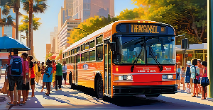 A busy Jacksonville bus stop with a modern JTA bus and diverse commuters waiting in warm golden hour light.