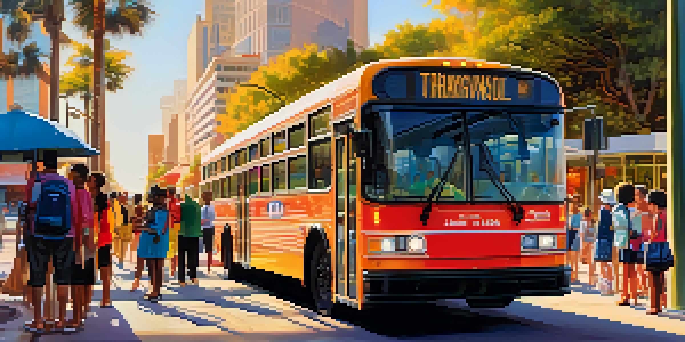 A busy Jacksonville bus stop with a modern JTA bus and diverse commuters waiting in warm golden hour light.