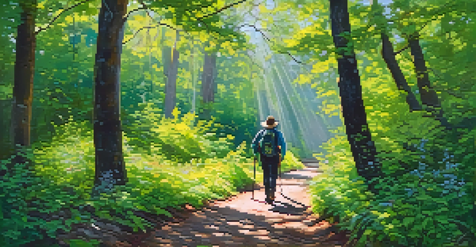 A peaceful hiking trail with sunlight filtering through tree leaves, a hiker walking on the path surrounded by vibrant greenery and colorful wildflowers.