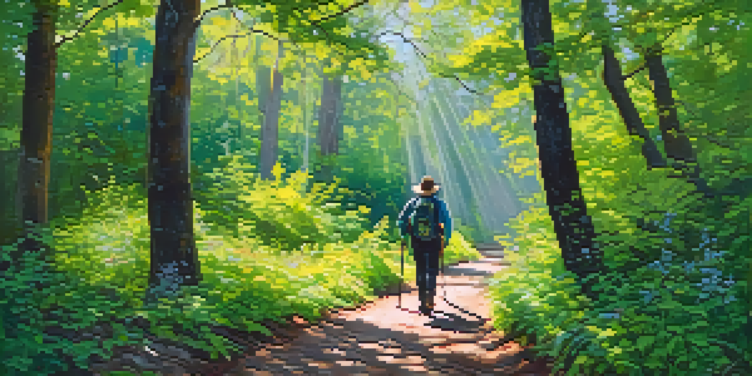 A peaceful hiking trail with sunlight filtering through tree leaves, a hiker walking on the path surrounded by vibrant greenery and colorful wildflowers.