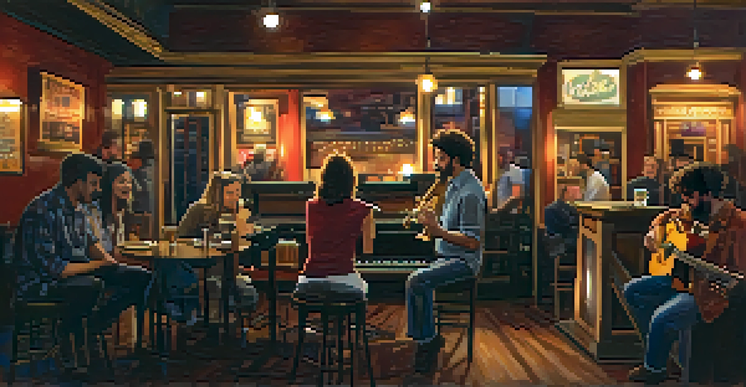 Local musicians performing in a cozy cafe, with warm lighting and an engaged audience enjoying the live music.