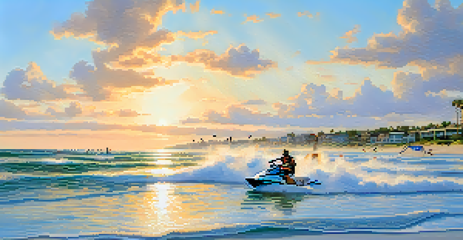 Exciting water sports at Jacksonville Beach with people jet skiing, paddleboarding, and surfing.