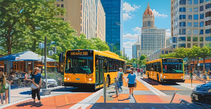A busy Jacksonville cityscape featuring electric buses, autonomous shuttles, pedestrians, and cyclists on green pathways, with modern buildings and a clear sky.
