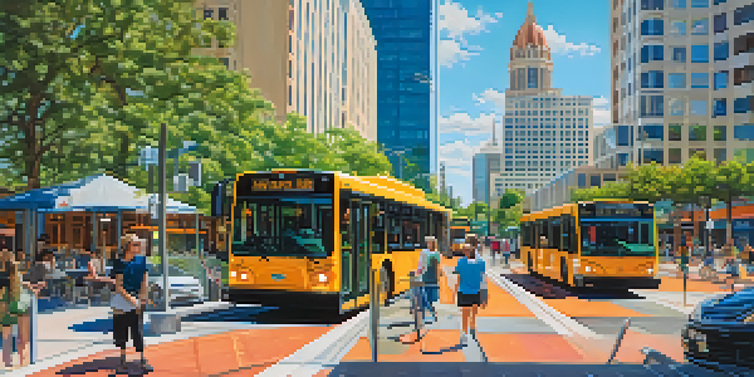 A busy Jacksonville cityscape featuring electric buses, autonomous shuttles, pedestrians, and cyclists on green pathways, with modern buildings and a clear sky.