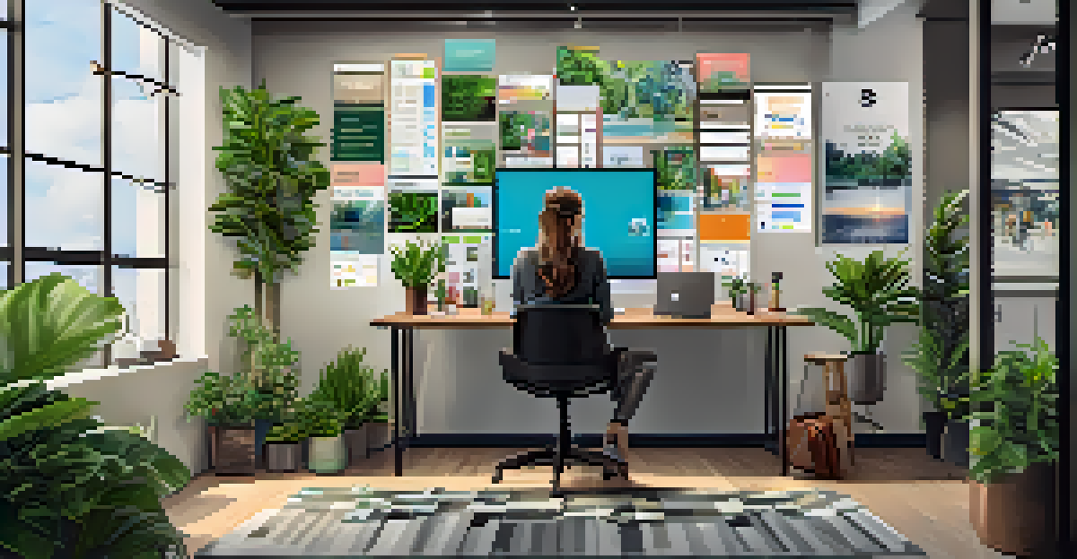 A modern workspace in Jacksonville with a young entrepreneur working on a laptop surrounded by plants and digital marketing tools.