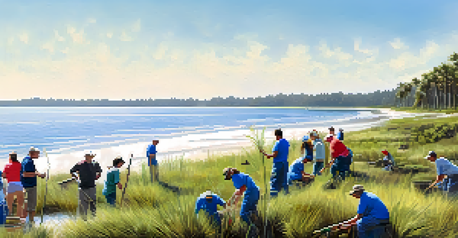 Volunteers planting native plants at a coastal restoration site in Jacksonville under bright sunlight.