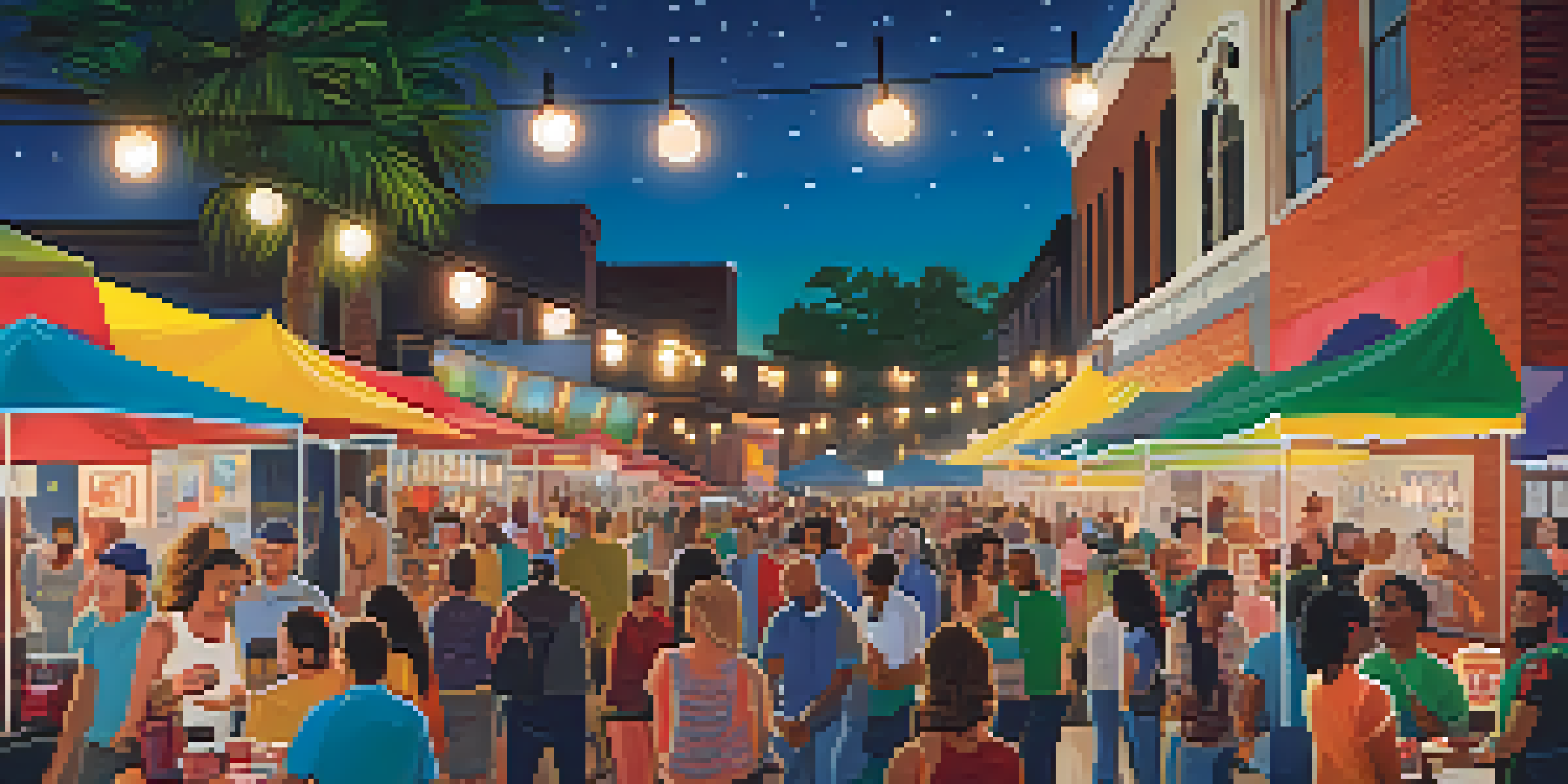 A lively outdoor scene at the Jacksonville Film Festival with a crowd of people, food trucks, and film posters.