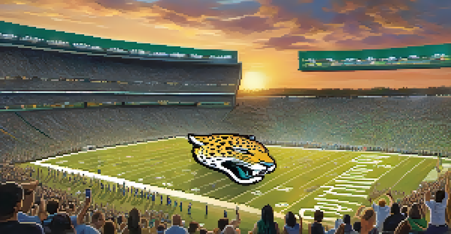 The Jacksonville Jaguars logo on a football field with cheering fans, illuminated by a warm sunset.