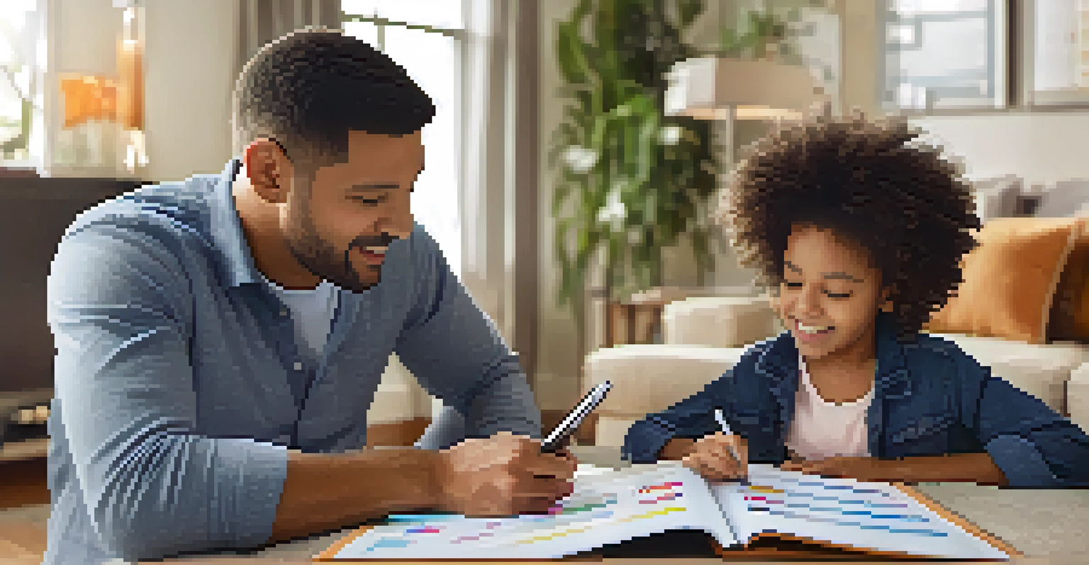 Parent and child examining school performance metrics on a tablet in a cozy living room.
