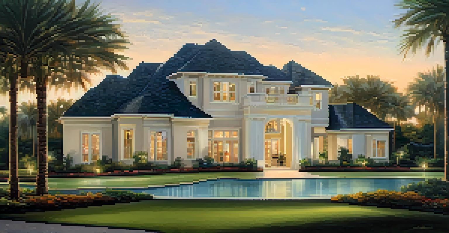 A high-end gated community in Jacksonville with luxury homes, private pools, and a golf course in the background.