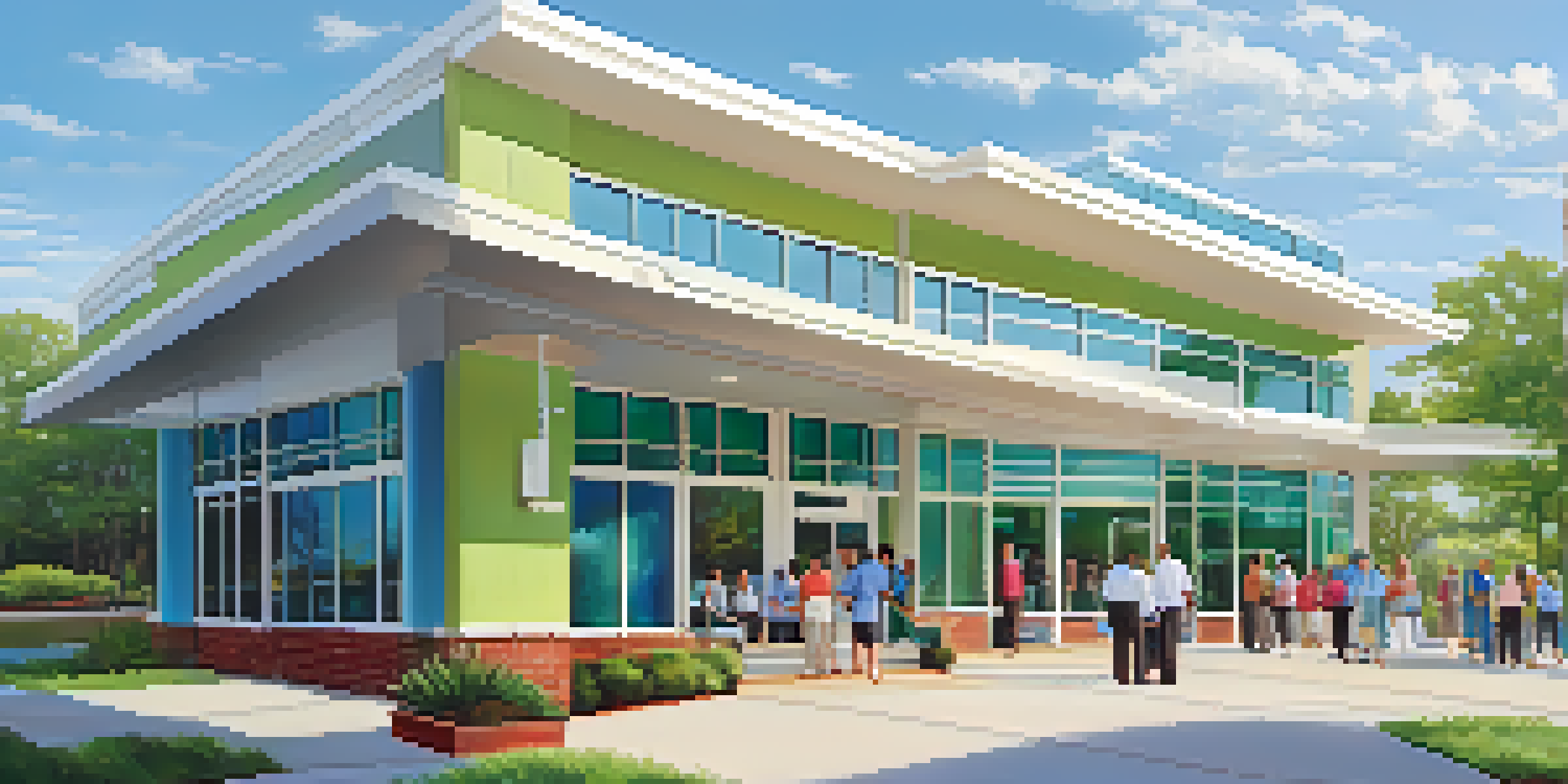 A healthcare clinic in Jacksonville with an inviting entrance, featuring patients and healthcare professionals interacting in a friendly atmosphere.