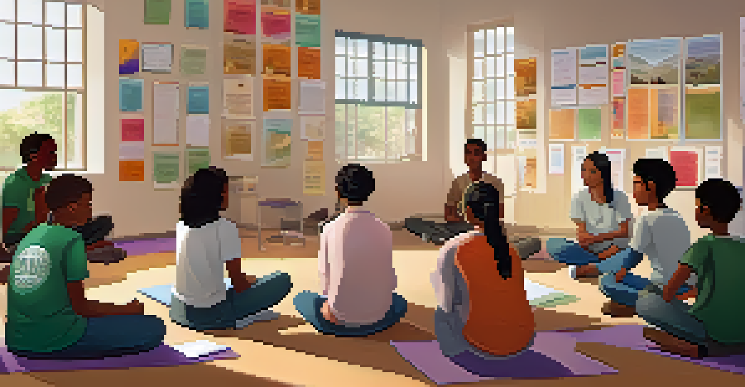 A workshop in a school about mental health awareness, with students and a teacher discussing in a supportive and calm atmosphere.