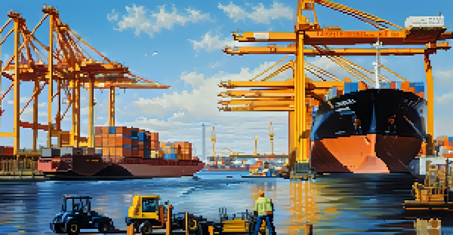 A busy port scene at the Jacksonville port with cargo ships and cranes against a blue sky.