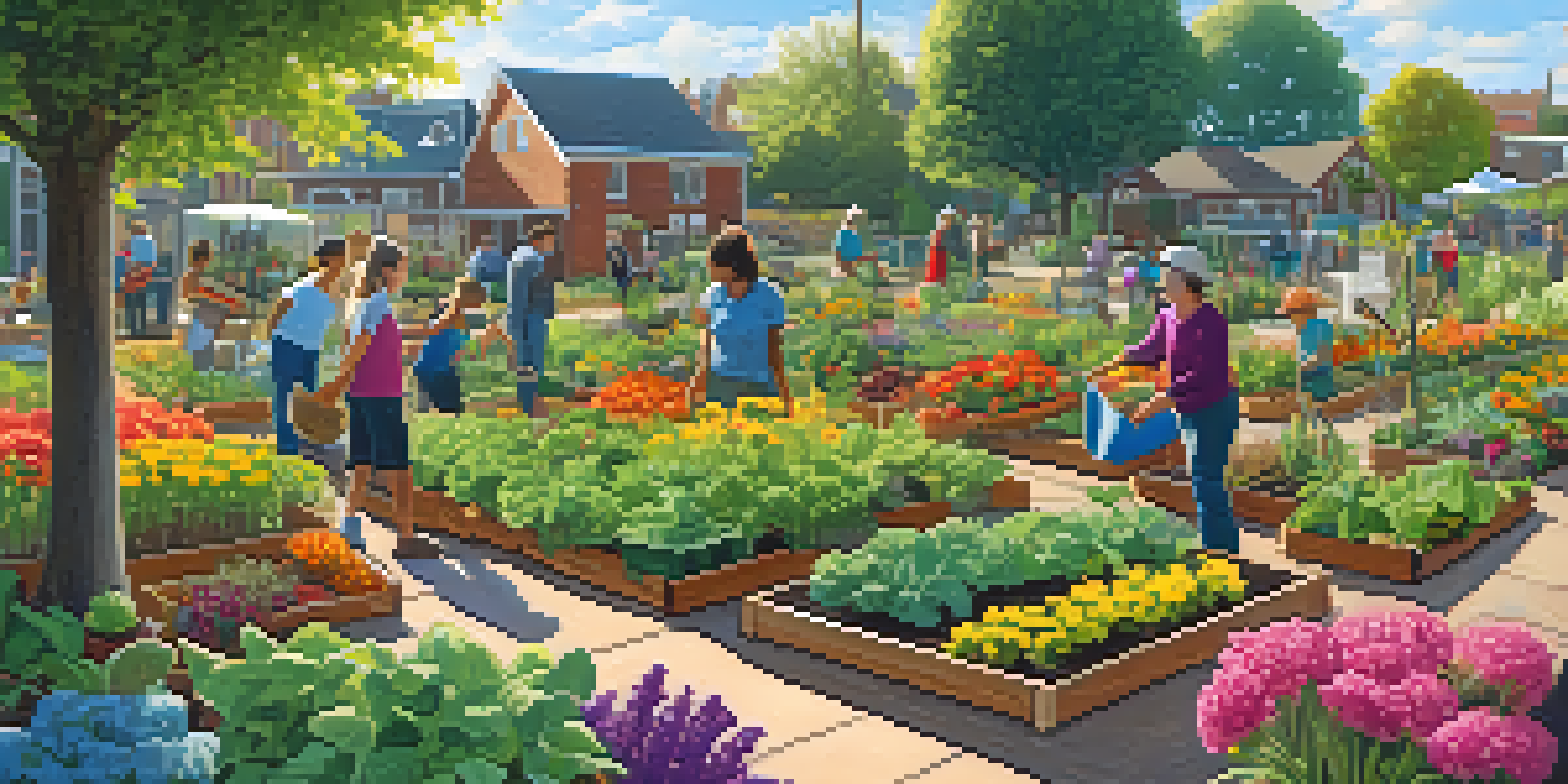 A lively community garden where individuals of various ages are engaged in gardening activities, surrounded by a mix of flowers and vegetables under a sunny sky.