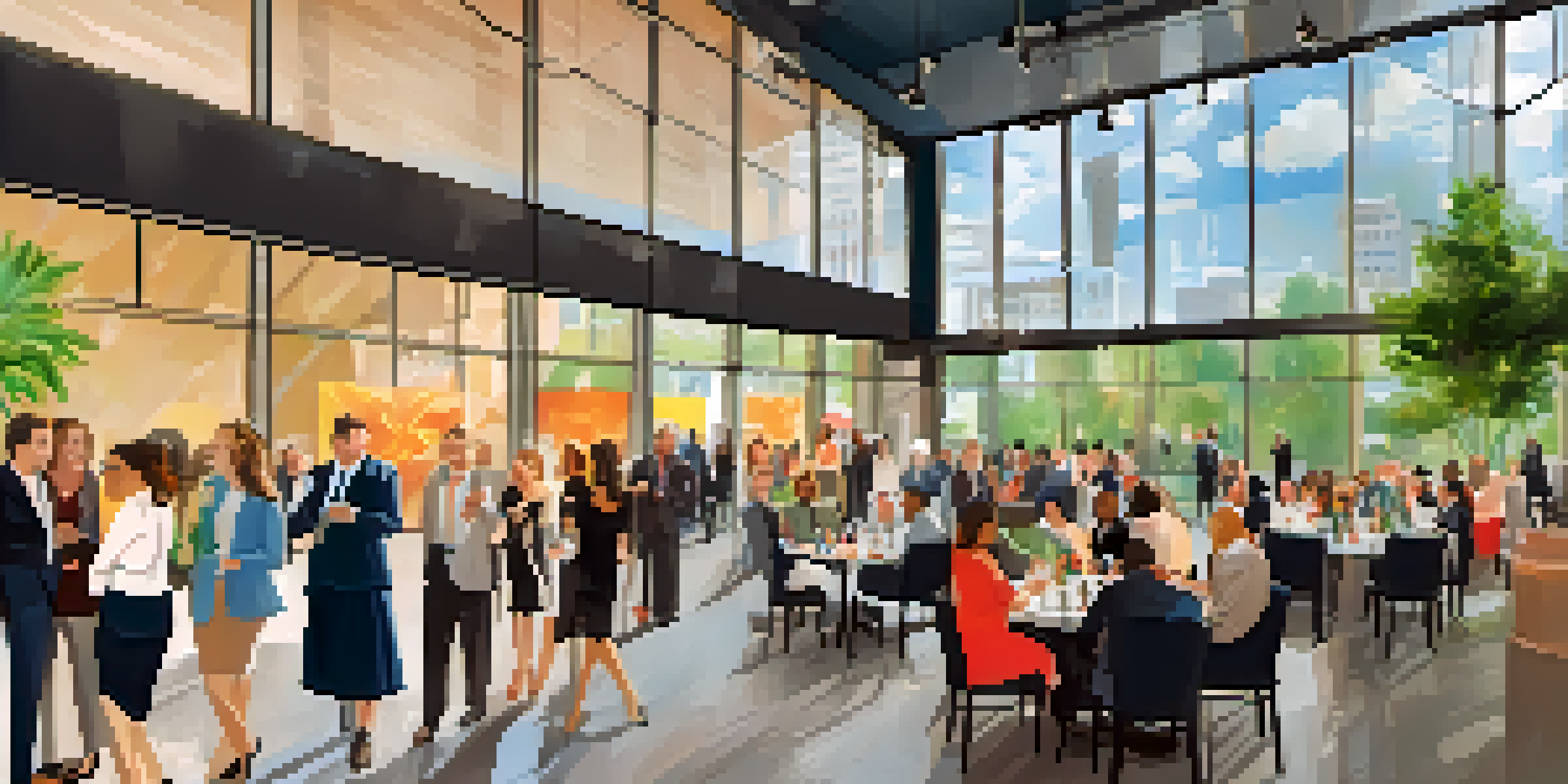 A diverse group of professionals networking in a bright, modern venue during a Jacksonville event.