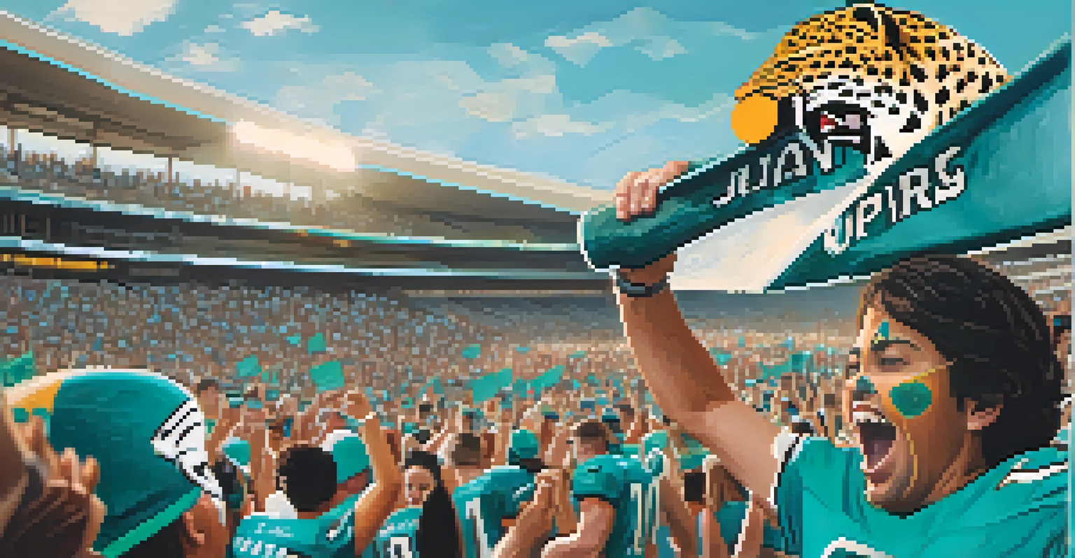 A dedicated Jacksonville Jaguars fan in a teal jersey, showcasing excitement with face paint and a foam finger.