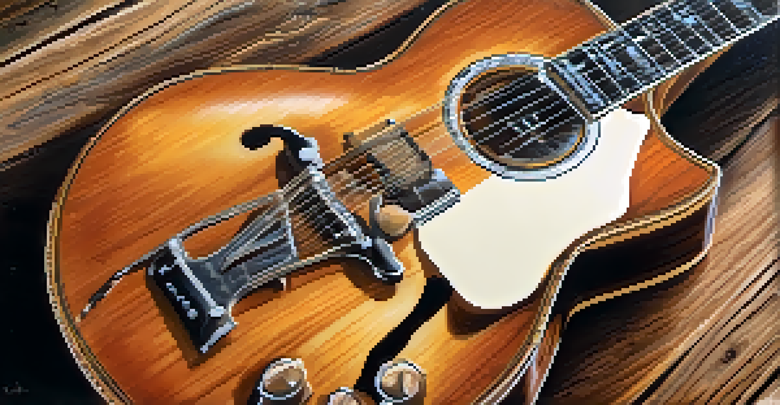 A close-up of a vintage guitar on a rustic wooden background, highlighting its texture and shine.