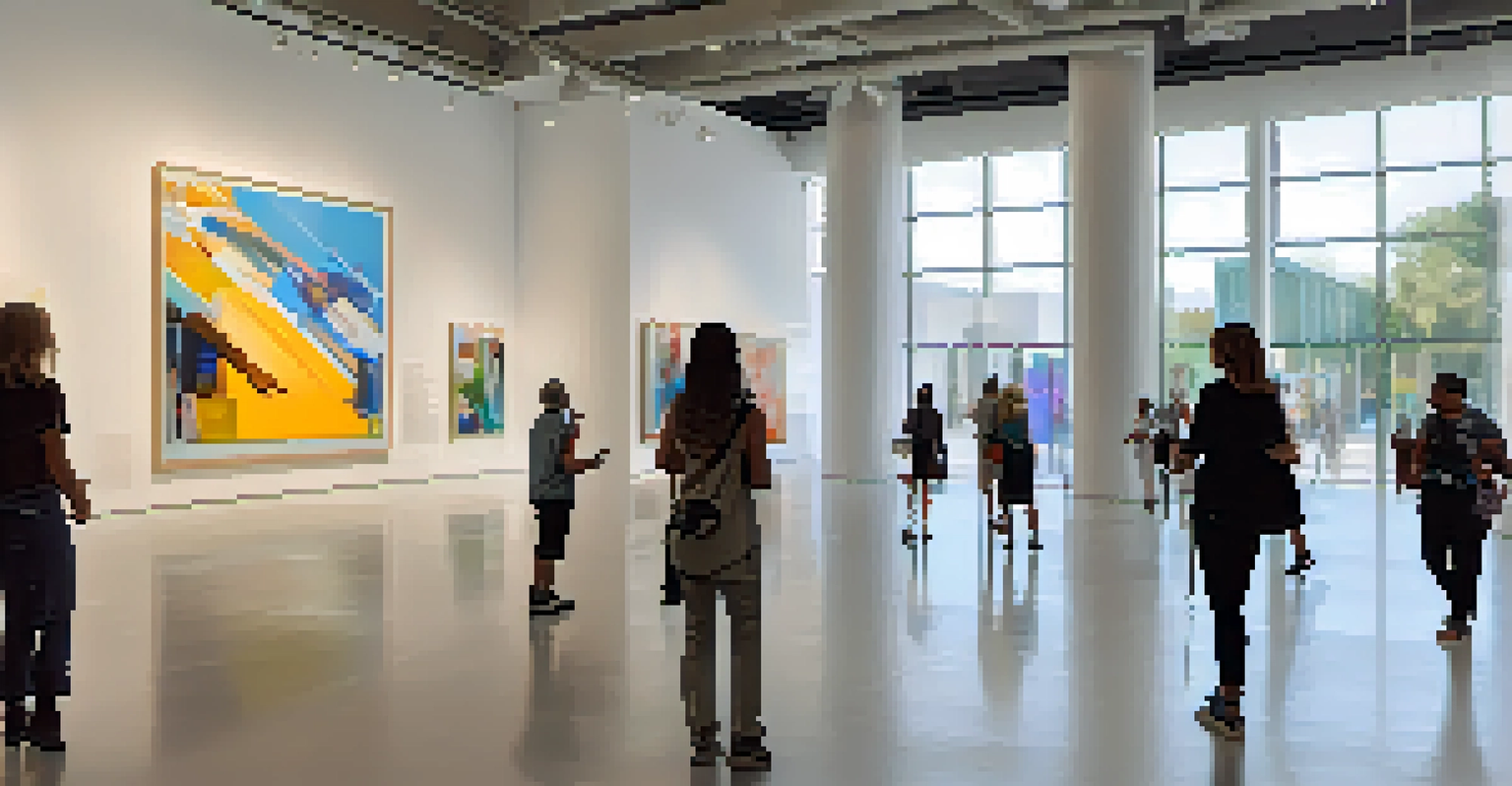 A modern gallery interior at the Museum of Contemporary Art Jacksonville, showcasing contemporary artworks and visitors interacting with the pieces.
