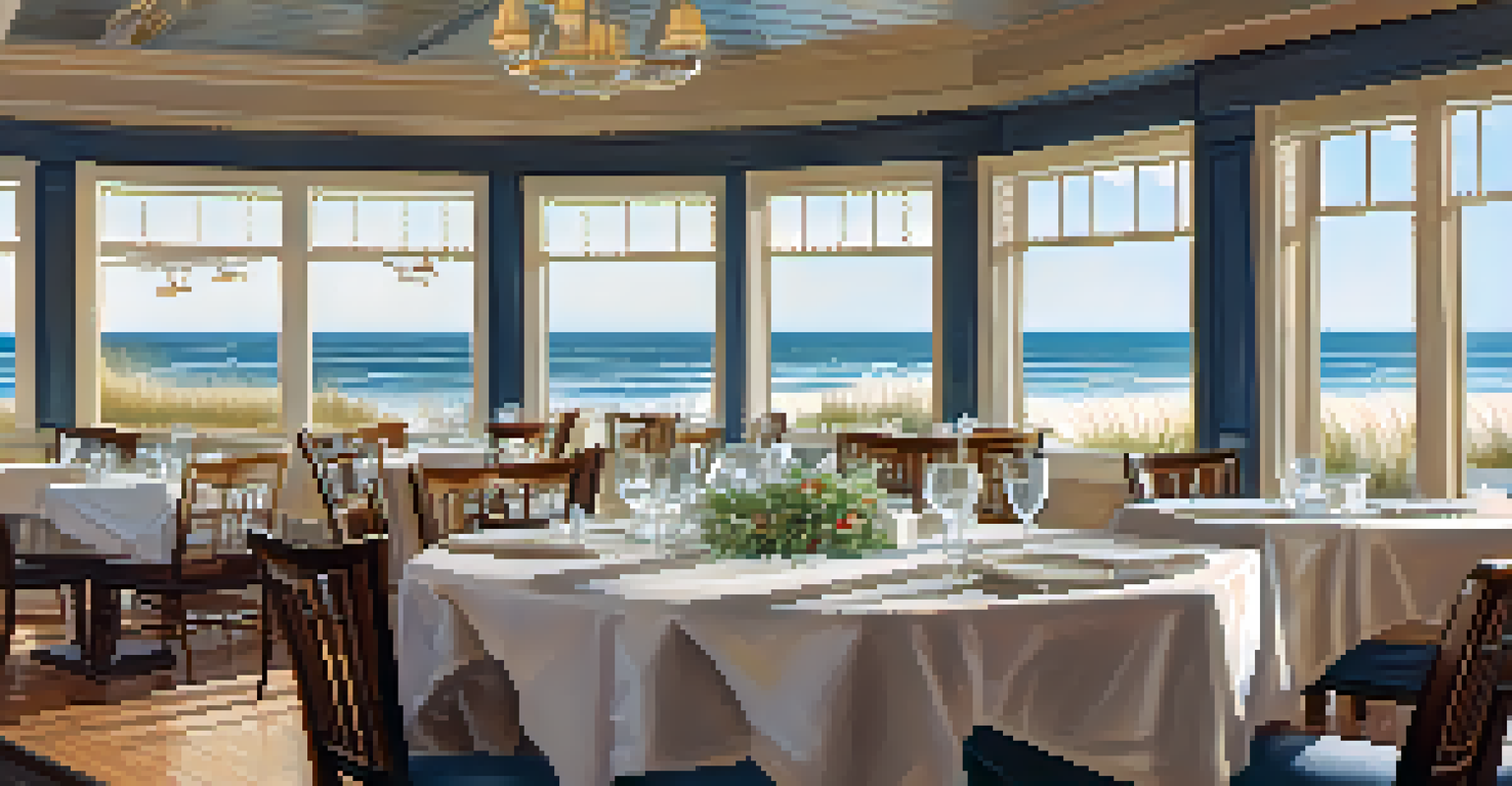 An elegant seafood dish of shrimp and grits served in a restaurant with ocean views and soft lighting.