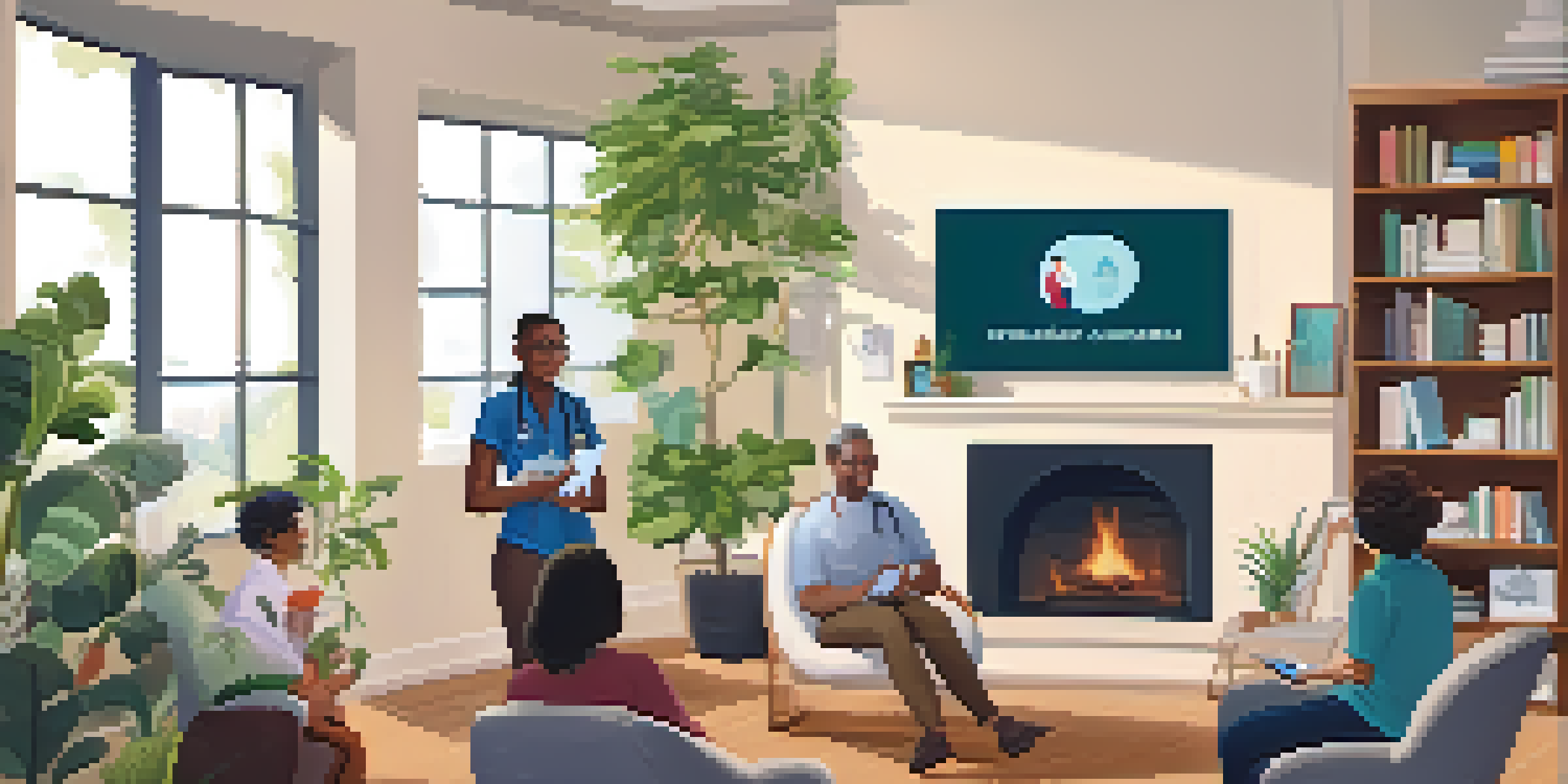 A patient consulting a healthcare professional through a screen in a cozy home environment, with plants and bookshelves around.