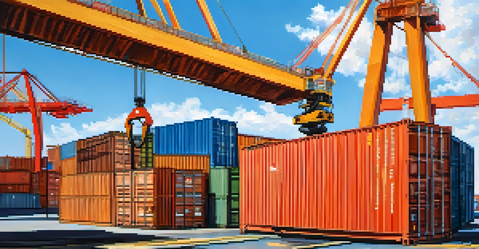 Close-up of a brightly colored shipping container being lifted by a crane at Jacksonville's port.
