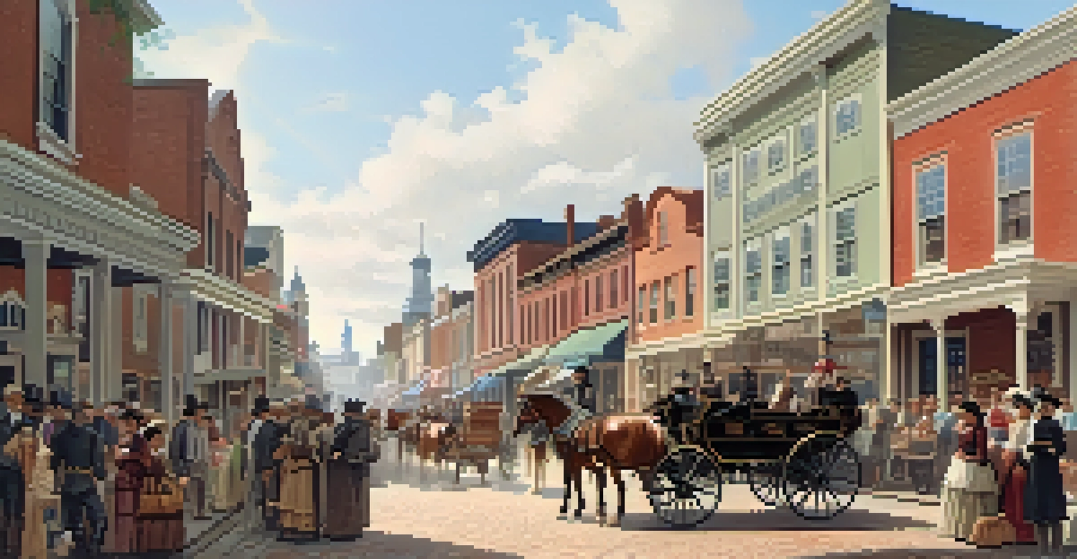A historical street scene in 19th-century Jacksonville with horse-drawn carriages and settlers.