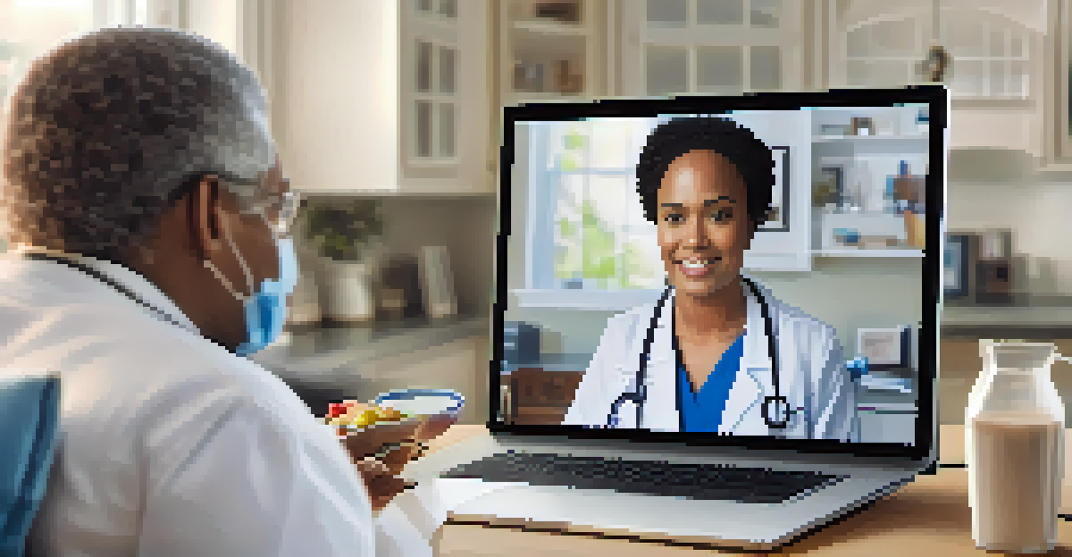 A patient at home having a telehealth consultation with a doctor on a tablet in a cozy setting.