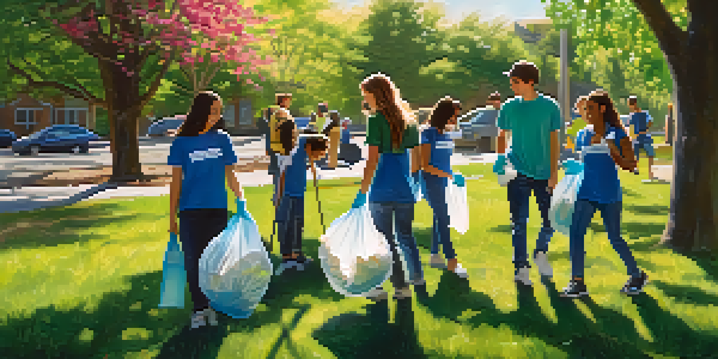 A group of diverse students volunteering to clean a park, wearing gloves and holding trash bags under sunny skies.