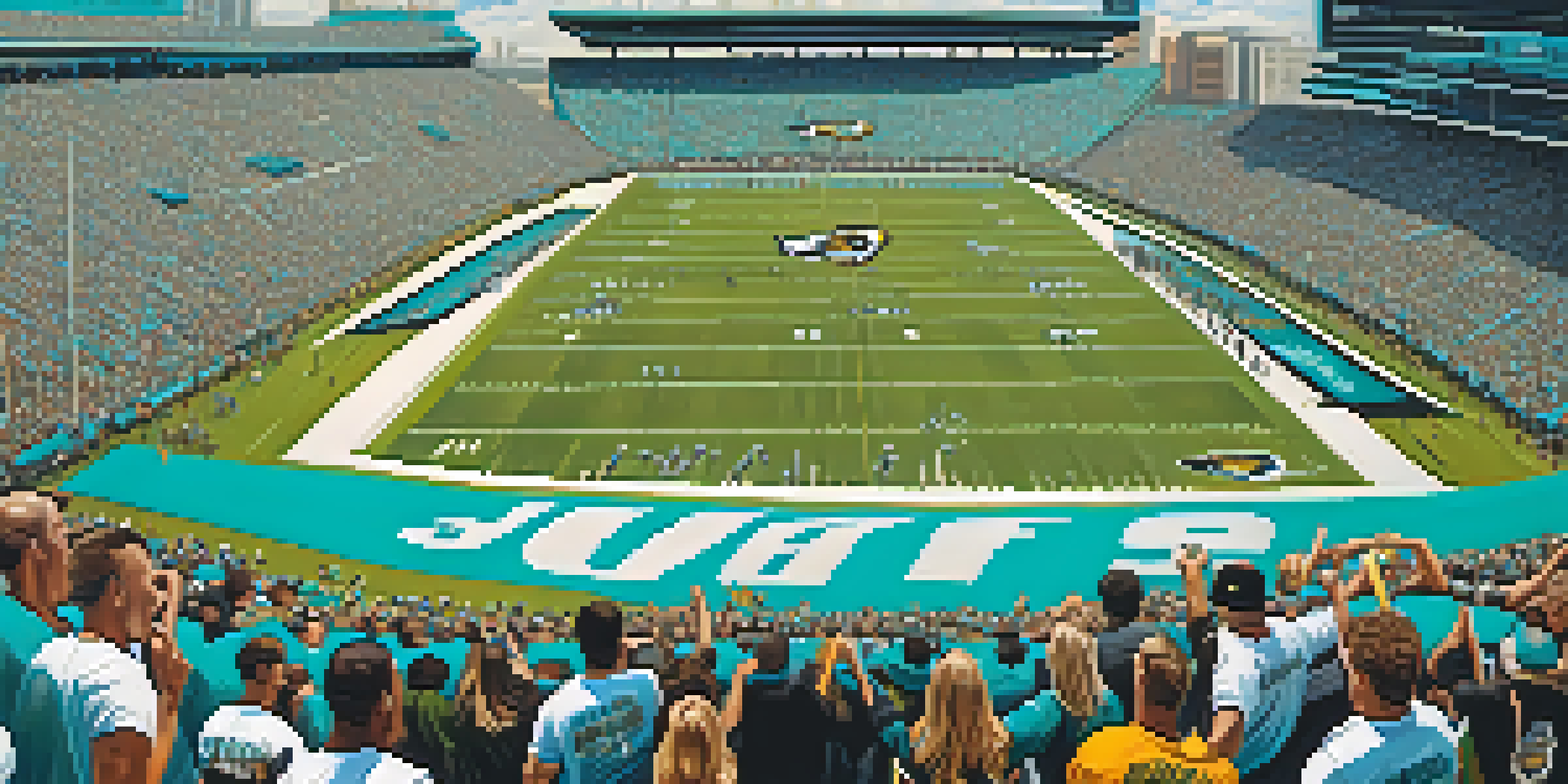 A lively football game scene with enthusiastic Jacksonville Jaguars fans in the stands and players on the field.