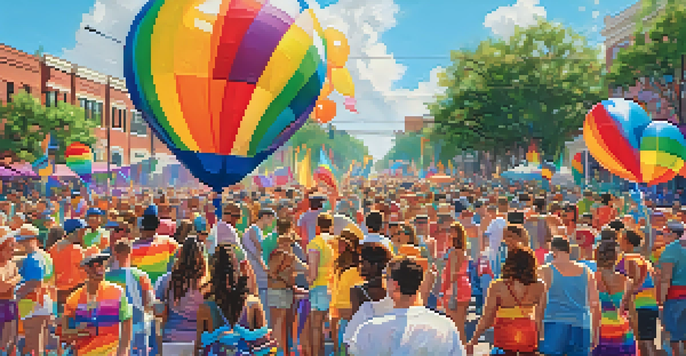 A joyful scene from the Jacksonville Pride Festival with participants in rainbow clothing, balloons, and a cheering crowd under sunlight.