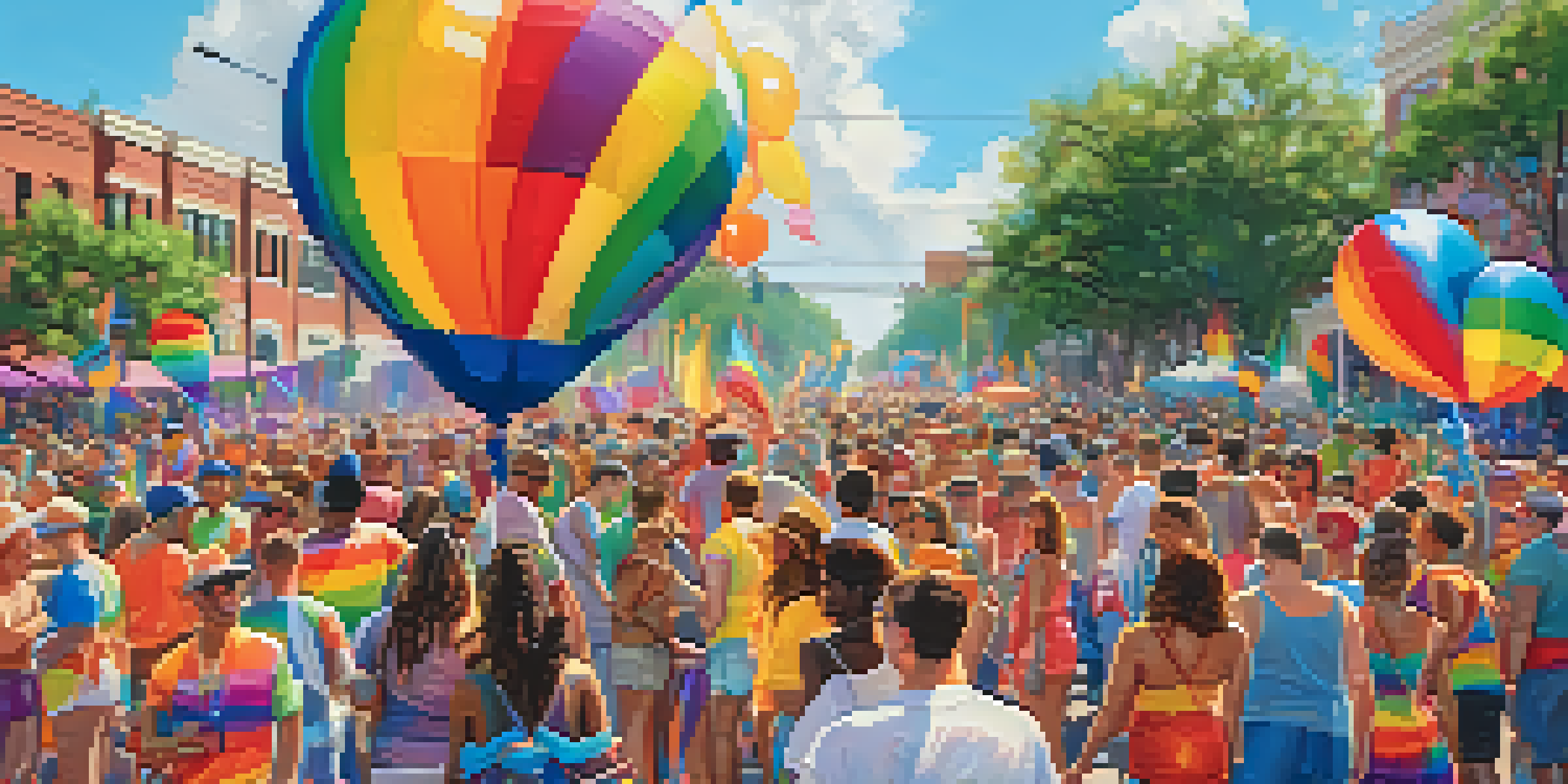 A joyful scene from the Jacksonville Pride Festival with participants in rainbow clothing, balloons, and a cheering crowd under sunlight.