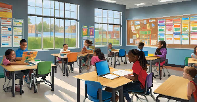 A classroom with diverse students and a teacher using assistive technology, illustrating an inclusive learning environment.