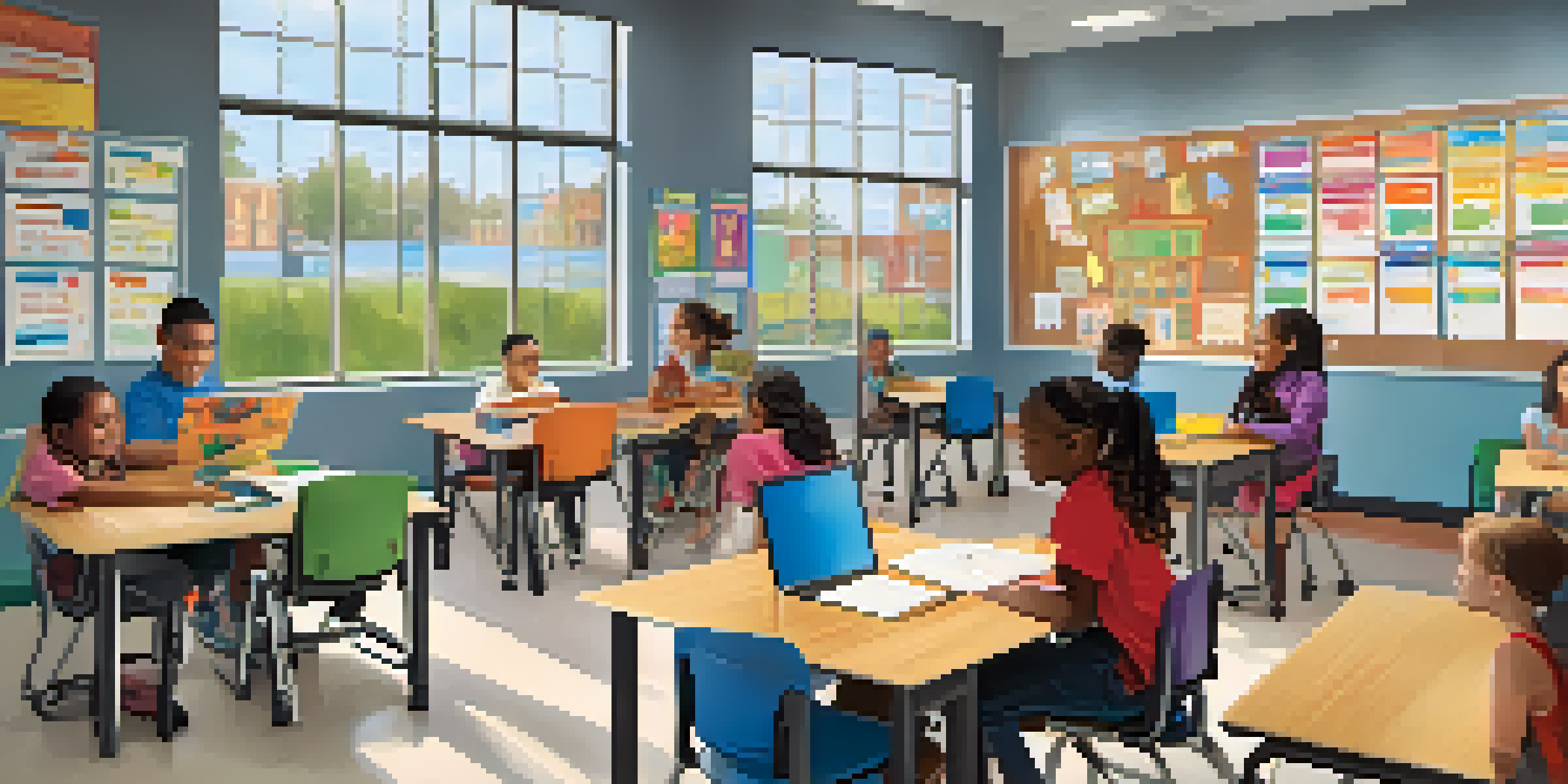 A classroom with diverse students and a teacher using assistive technology, illustrating an inclusive learning environment.