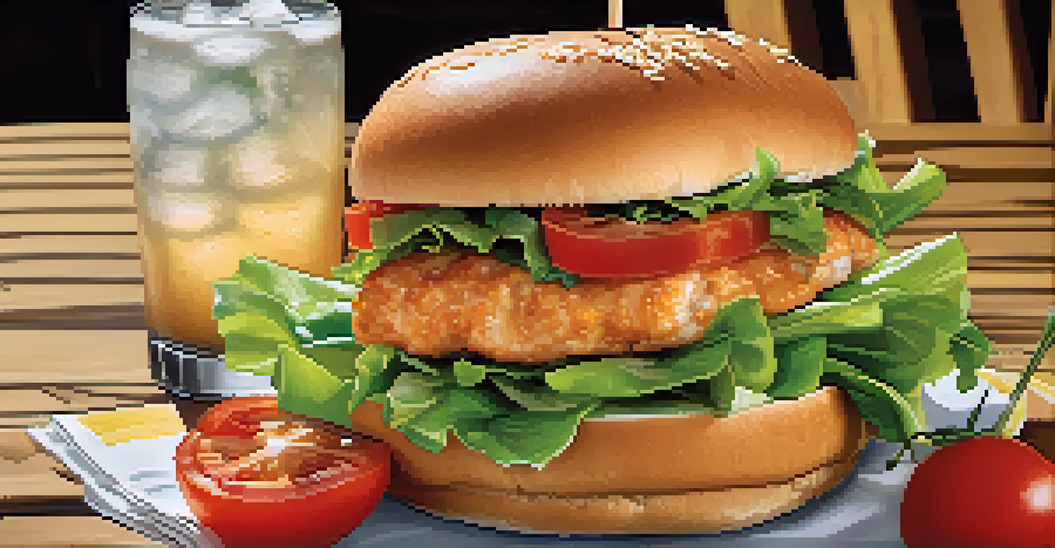A Florida fish sandwich with mahi-mahi, lettuce, tomatoes, and sauce, served with fries and a drink.