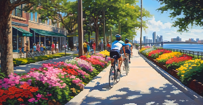A sunny urban scene in Jacksonville with cyclists and pedestrians on a bike lane surrounded by greenery and flowers, with the St. Johns River in the background.