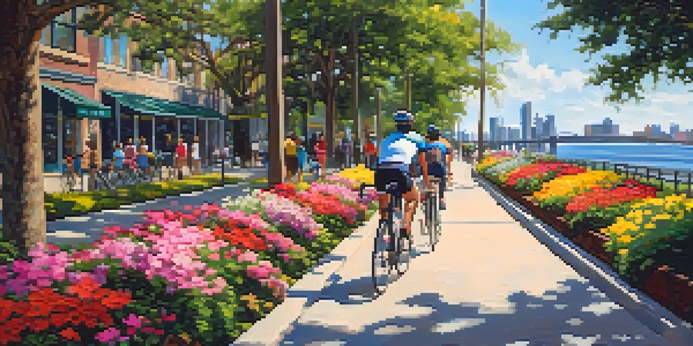 A sunny urban scene in Jacksonville with cyclists and pedestrians on a bike lane surrounded by greenery and flowers, with the St. Johns River in the background.
