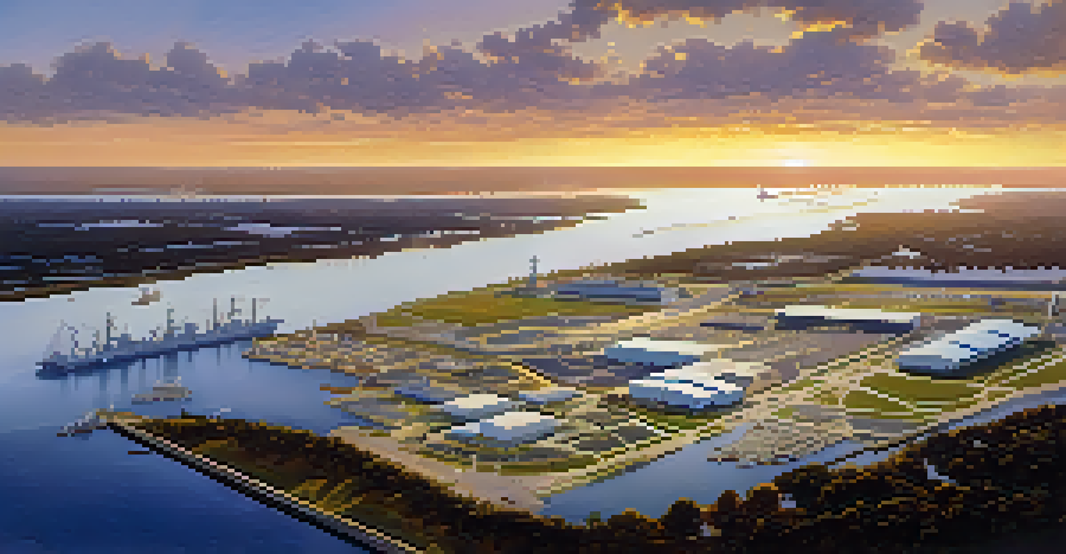 Aerial view of Naval Station Mayport at sunset, displaying docked ships, military facilities, and the St. Johns River, emphasizing the base's strategic significance.