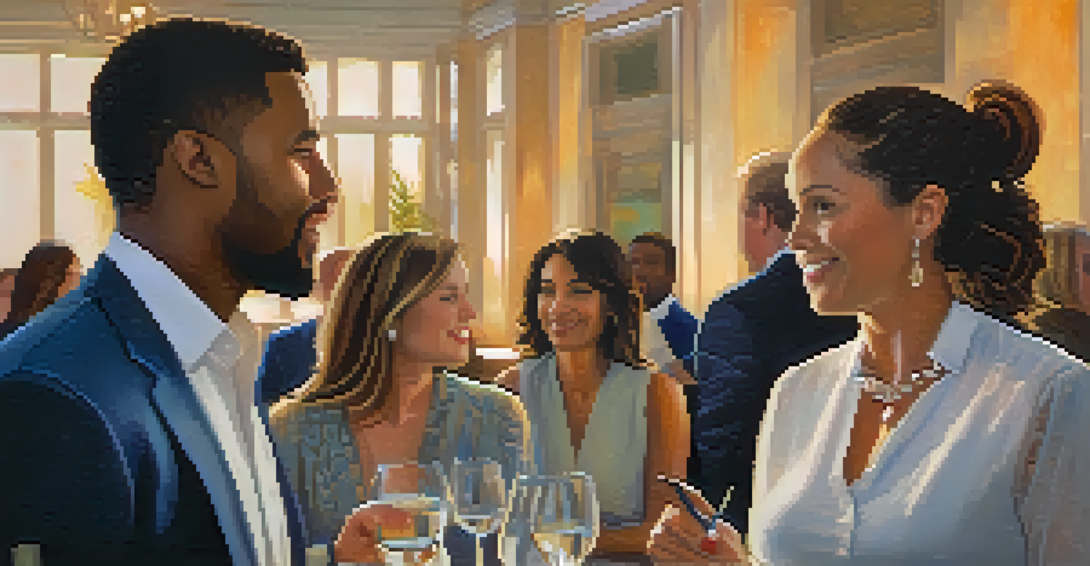 Two professionals engaged in an active listening conversation at a warm and inviting networking event.