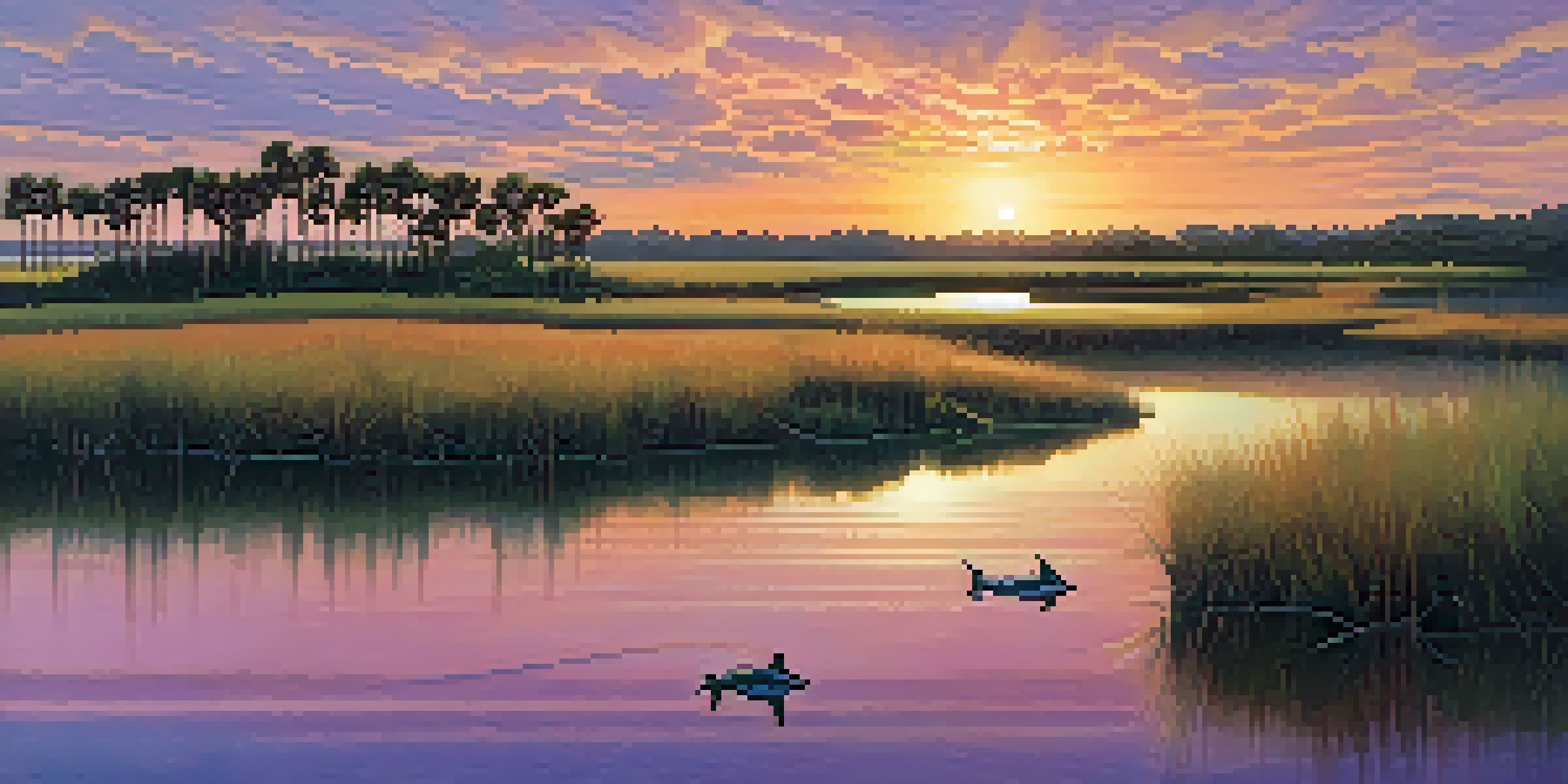 A picturesque view of Timucuan Ecological and Historic Preserve featuring salt marshes, coastal dunes, and a calm waterway with dolphins swimming, illuminated by a sunset.