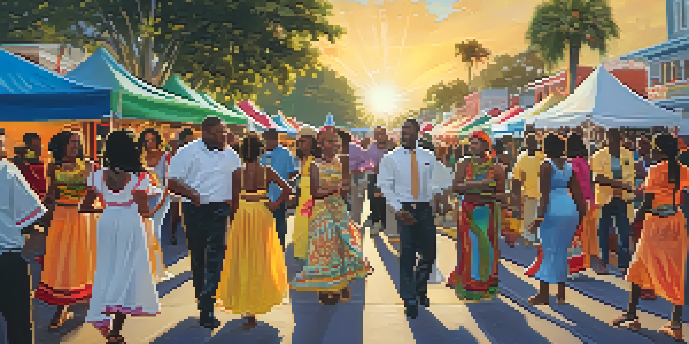 A lively street scene during a Caribbean festival in Jacksonville, with colorful decorations and people dancing.